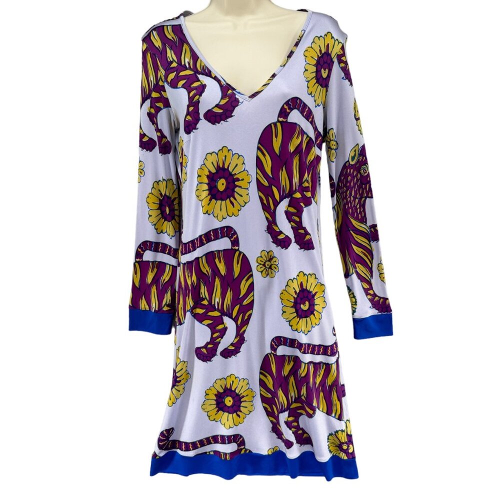 Jules Reid Tiger Silk Dress White Purple Yellow Floral Long Sleeve Pullover Sz 2